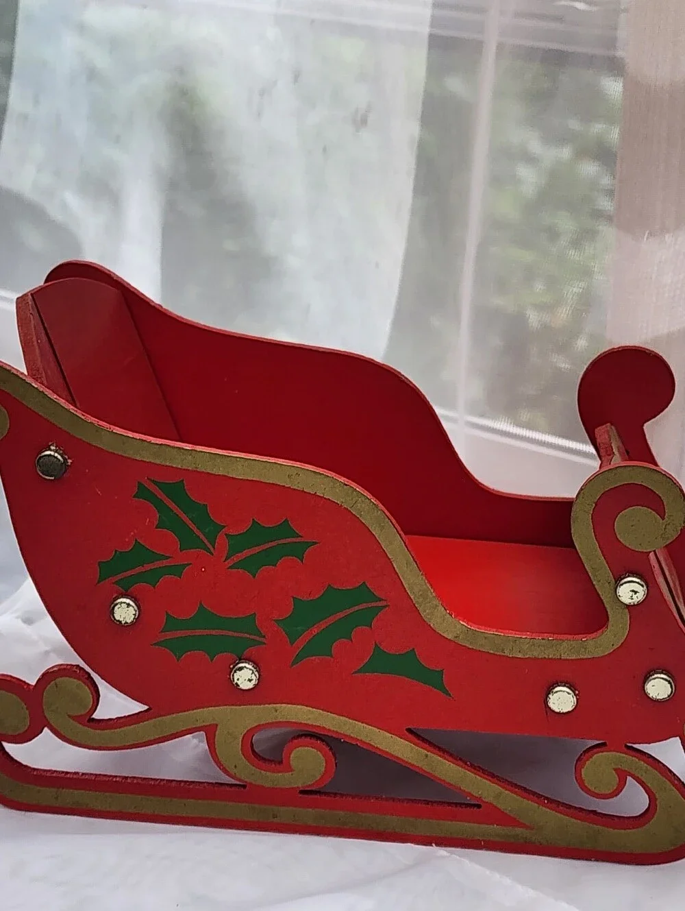 VTG 70's Collapsible Wooden Christmas Sleigh Holiday Holder Decor Taiwan Holly
